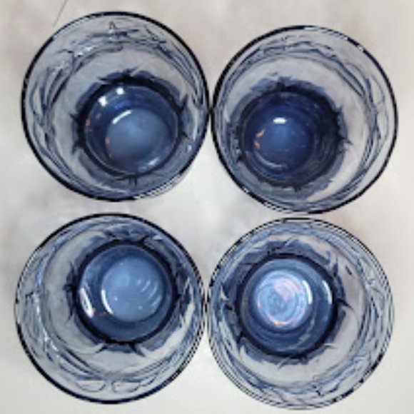 SET OF 4 VINTAGE 1970's LIBBEY BLUE GLASS TUMBLERS COUNTRY GARDEN DAISEY FLOWER - Picture 6 of 6